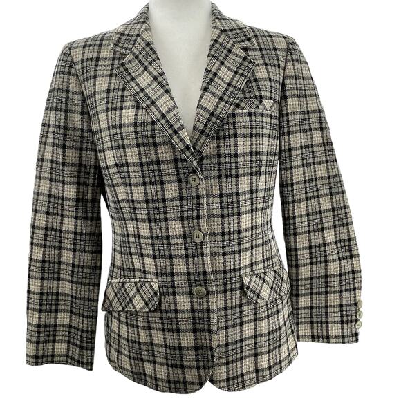 Pendleton Vintage 80s Black Gray Plaid Virgin Wool Classic Retro Jkt Blazer 12 - Picture 2 of 14